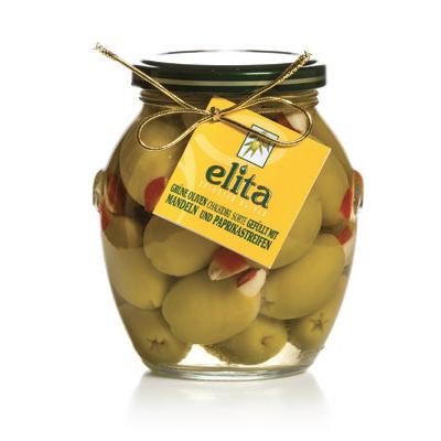 Green Olives Doublestuffed With Almond And Red Natural Pepper